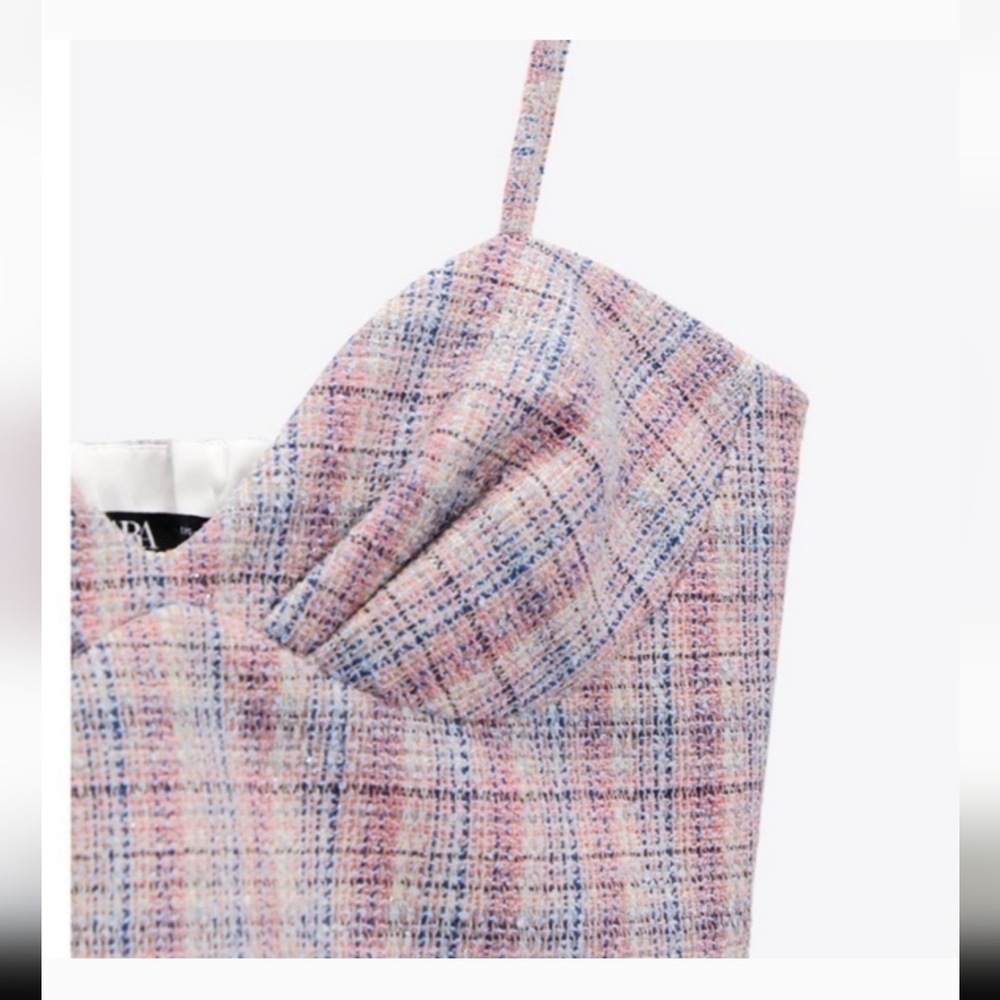 ZARA NEW Pink Blue Tweed 72% Cotton Cropped Heartshaped Neckline Spaghetti Strap - Picture 5 of 16